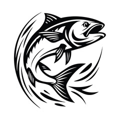 Monochrome Fish Leaping Silhouette, Elegant Aquatic Animal on White Backdrop