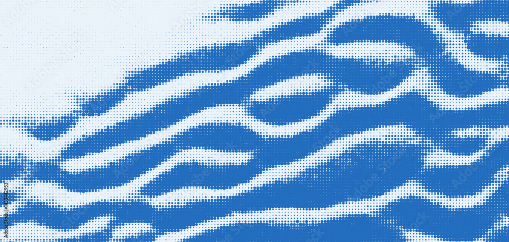 Poster halftone overlay texture creates moire patterns in blue and white design