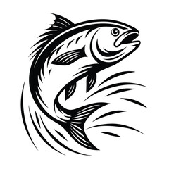 Monochrome Leaping Fish Illustration, Aquatic Animal with Stylized Fins and Bold Outline