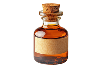 Amber glass bottle with cork stopper blank label dark background Rich golden liquid inside Perfect for on transparent background
