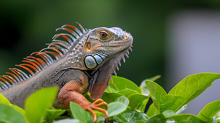 Fototapeta premium Detailed Close Up Of An Iguana With Rough Textured Skin And Colorful Scales Perched On Green Leaves