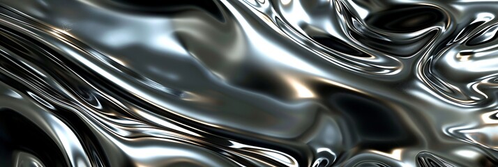 Abstract macro background texture of flowing liquid silver or chrome metal with smooth ripples, waves, and bright reflections. Futuristic surface.
