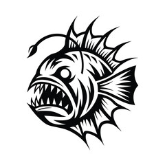 Detailed Black Anglerfish Silhouette with Sharp Teeth and Light Lure, Isolated