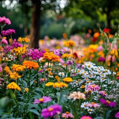 A vibrant colorful flower garden bathed in bright sunlight beautifully