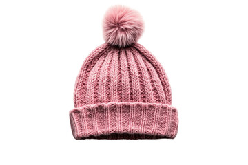 Cozy pink knitted beanie with a fluffy pompom perfect for winter warmth against a black on transparent background