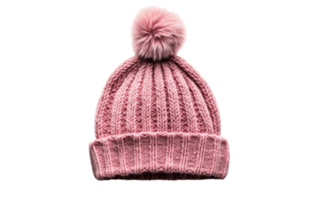 Cozy pink knitted beanie with a fluffy pompom perfect for winter warmth against a black on transparent background