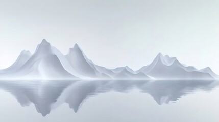水面に映る白い山々の抽象的な風景 水色のトーン 白い背景 自然光 穏やかな雰囲気