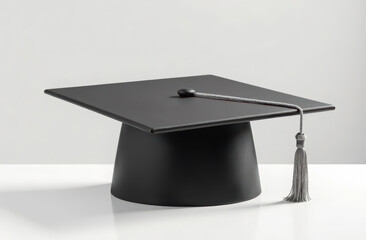 Black graduation cap with tassel on white surface reflecting academic achievement