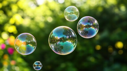 Several beautiful iridescent bubbles floating against a green background