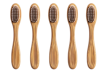 Eco Friendly Bamboo Toothbrushes Soft Bristles Natural Wooden Handles against a black background perfect on transparent background