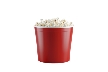 Large red container filled with fluffy popcorn ready for movie night at home