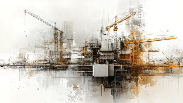 Construction site with cranes and abstract architectural background video clip