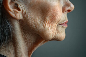 Exploring the elegance and character of an elderly woman's neck with rich textures against a soft gray backdrop