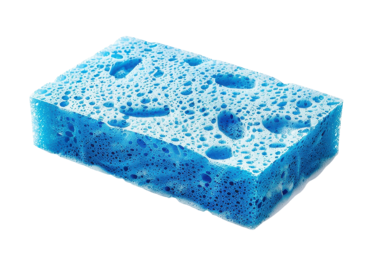 Bright blue sponge showcasing its soft texture and bubbly surface, ideal for household cleaning tasks or personal care routines