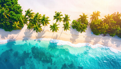 Aerial view of tropical coastline featuring sandy beach lined with palm trees and clear turquoise waters. scene captures beauty of nature, evoking sense of tranquility and relaxation