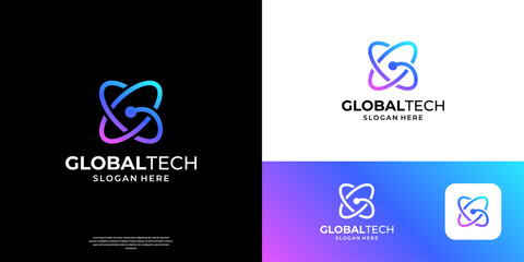 Abstract letter G tech logo design. Geometric initial G connection with symbol global globe logos.