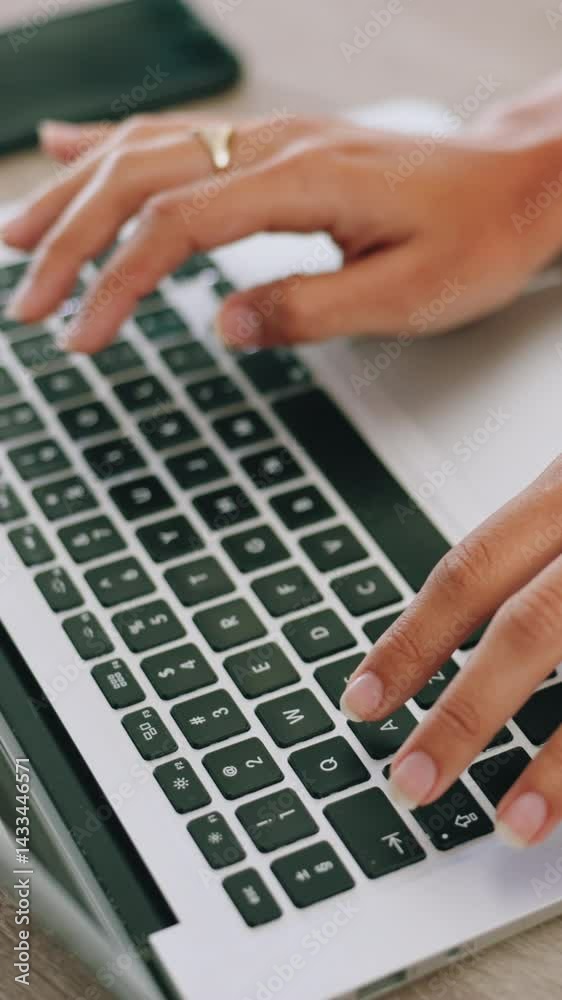 Poster Hands, typing and woman with keyboard, laptop and connection with website information. Person, closeup and user experience with computer, internet and technology with email notification and network