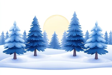 Obraz premium Snowy Winter Landscape With Blue Pine Trees and Sun