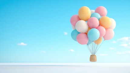 Naklejka premium Pastel Balloons Lift Woven Basket In Sky