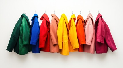 Colorful jackets hanging on a white wall.
