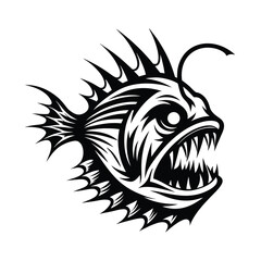 Anglerfish Illustration, Black & White Tribal Style Drawing, Predatory Fish with Teeth
