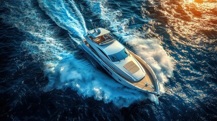 Luxury Yacht Sailing at Sunset: Aerial View