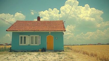 Tranquil Teal House in Golden Wheat Field Under a Cloudy Sky