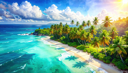Obraz premium vibrant tropical coastline featuring lush palm trees, clear turquoise waters, and sandy beach under bright blue sky with fluffy clouds. scene evokes sense of tranquility and natural beauty