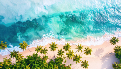 Aerial view of tropical coastline featuring clear turquoise waters, gentle waves, and lush palm trees lining sandy beach, creating serene and picturesque landscape