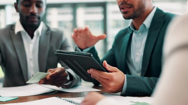 Meeting, documents and business people in office on tablet for financial review, budget report and company sales. Professional, corporate and men and women on tech for proposal, research or planning
