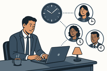 Digital Remote Work Vector Illustration with Business Professional Conducting Virtual International Meeting Through Laptop with Diverse Team Members and Time Zone Concept for Global Collaboration