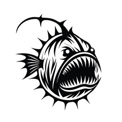 Striking Anglerfish Silhouette with Spikes, Sharp Teeth, Lure, Dark Water Predator