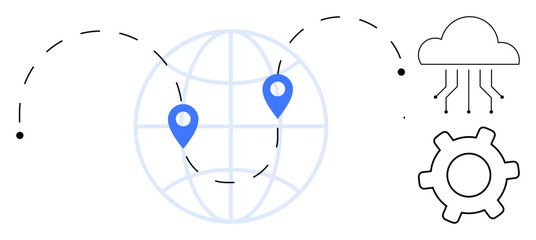 Globe with pinpoint markers linked by dotted lines, cloud representing data sharing, and gear symbolizing process optimization. Ideal for technology, networking, cloud computing, logistics, global