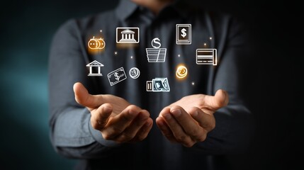 Man holding glowing digital currency in hands, futuristic technology, financial innovation, blockchain, digital assets, investment, cryptocurrency, metaverse, innovation.