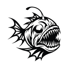 Monochrome Anglerfish with Sharp Teeth and Luminous Bait on White