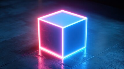 A glowing cube shape illuminated with neon light of multiple colors