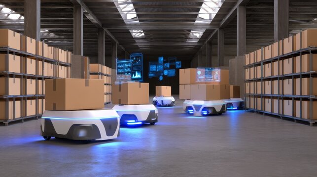 Autonomous Mobile Robots (AMRs) Navigating a Modern Warehouse - Automated Logistics and Future of Work Technology