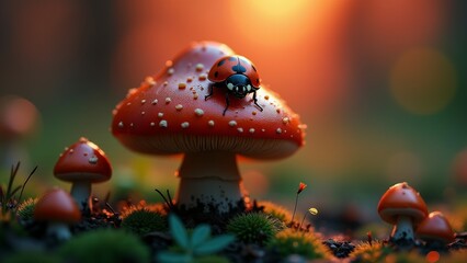 Obraz premium Ladybug On Fly Agaric Mushroom, Forest