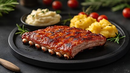 Delicious Grilled Pork Ribs with Mashed Potatoes and Tomatoes on Plate