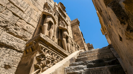Naklejka premium Ancient Egyptian temple stairs, colossal statues, hieroglyphs, sunny day, historical site travel photography