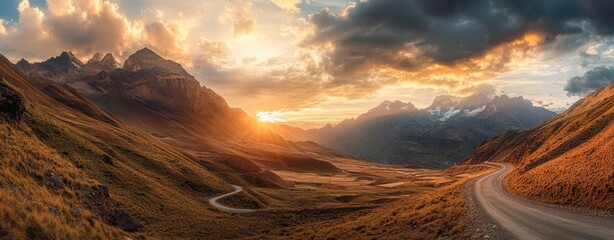 Majestic sunset illuminates mountain landscape with winding path in Peru's breathtaking highlands