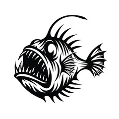 Anglerfish Monochrome Silhouette, Deep Sea Fish, Predator with Sharp Teeth, Ocean Creature
