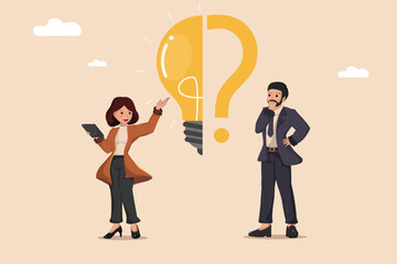 Illuminating Solutions Through Collaboration: A businesswoman presenting ideas to businessman lightbulb and question mark, symbolizing teamwork in problem-solving and innovation.