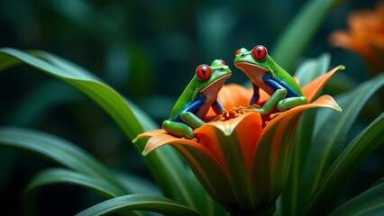 Two Red-Eyed Tree Frogs on Flower