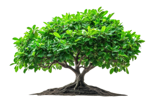 Lush vibrant bonsai tree isolated on black background showcasing intricate branches and dense green on transparent background - Powered by Adobe