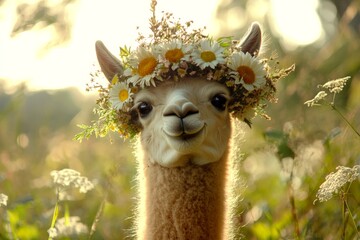 Morning rays. Summer happiness. Cute baby animal llama wearing fierce flower wreath on its head. Soothing wildlife and floral elegance. Floral wonderland and wild animal.