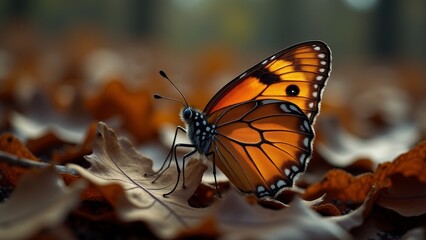 Obraz premium Monarch Butterfly Resting On Autumn Leaves