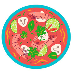 Spicy and Sour Shrimp Soup, Tom Yum Soup, Asian seafood soup in bowl with herbs and lime. Vector illustration. Thai food concept, isolated on white