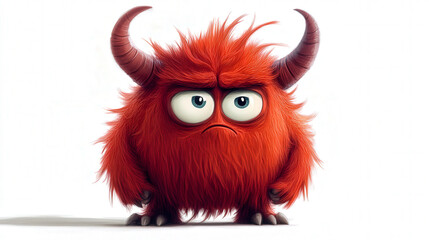 Obraz premium A red fluffy monster with horns looking displeased isolated on a white background