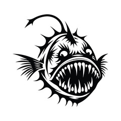 Monochrome Anglerfish with Sharp Teeth and Bioluminescent Lure, Isolated Design
